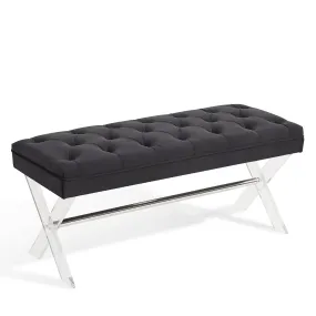 Joanna Ottoman Bench in Black Tufted Velvet with Crystal Buttons and Acrylic Legs