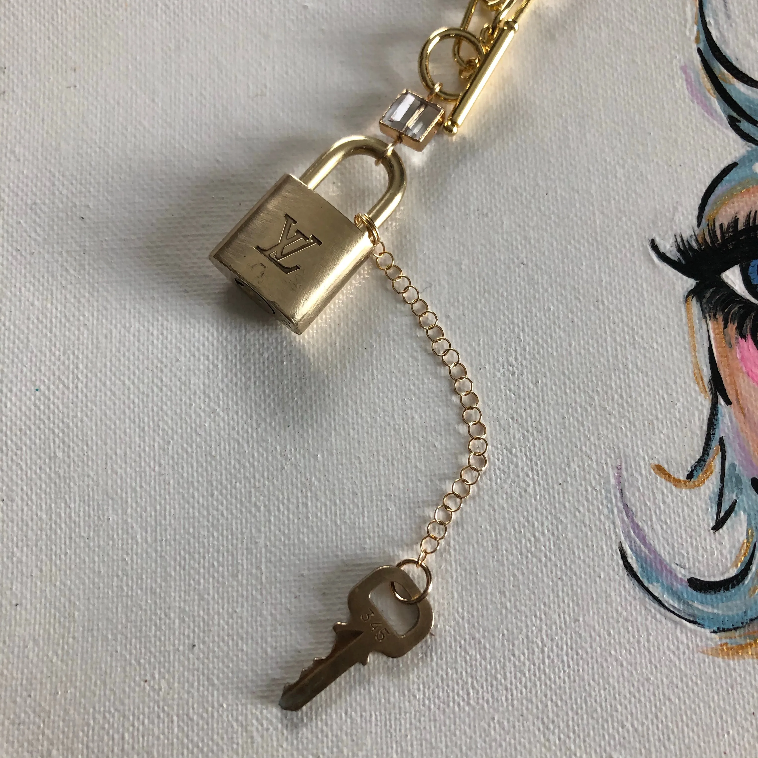 Key to My Heart Brass Padlock & Square Crystal on Paperclip Chain