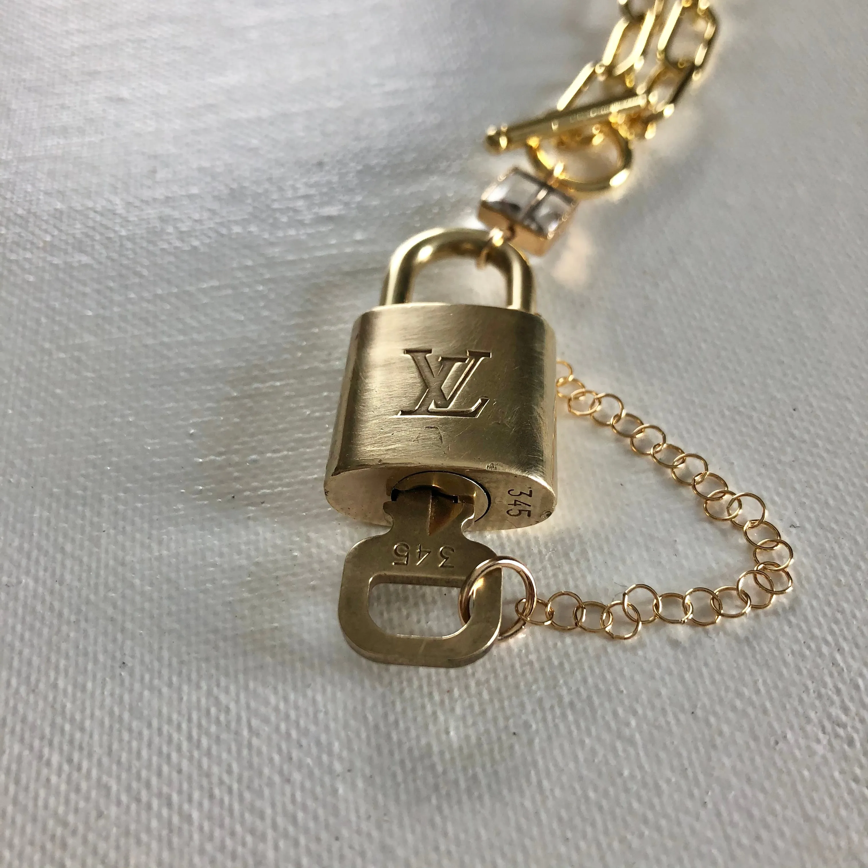 Key to My Heart Brass Padlock & Square Crystal on Paperclip Chain