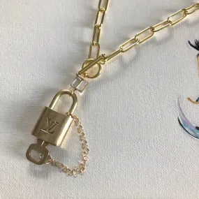 Key to My Heart Brass Padlock & Square Crystal on Paperclip Chain