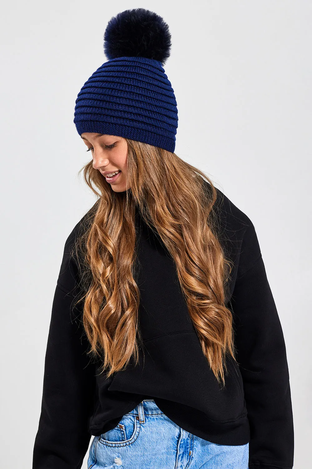 Kids (6-14 Years) Ribbed Hat with Oversized Fur Pompon