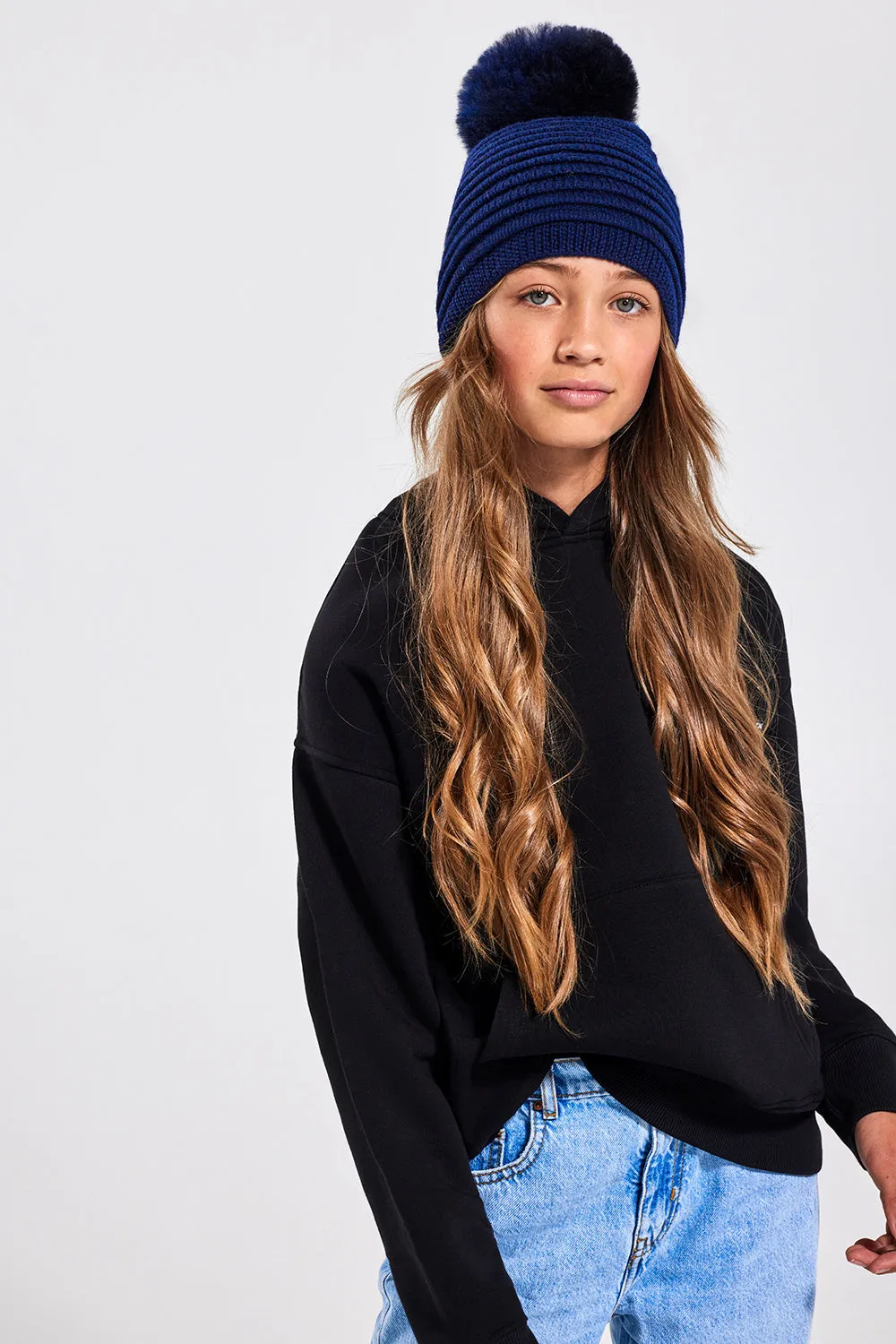 Kids (6-14 Years) Ribbed Hat with Oversized Fur Pompon