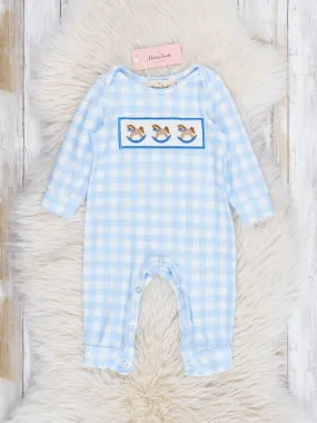 Light Blue Plaid Embroidered Rocking Horse Romper