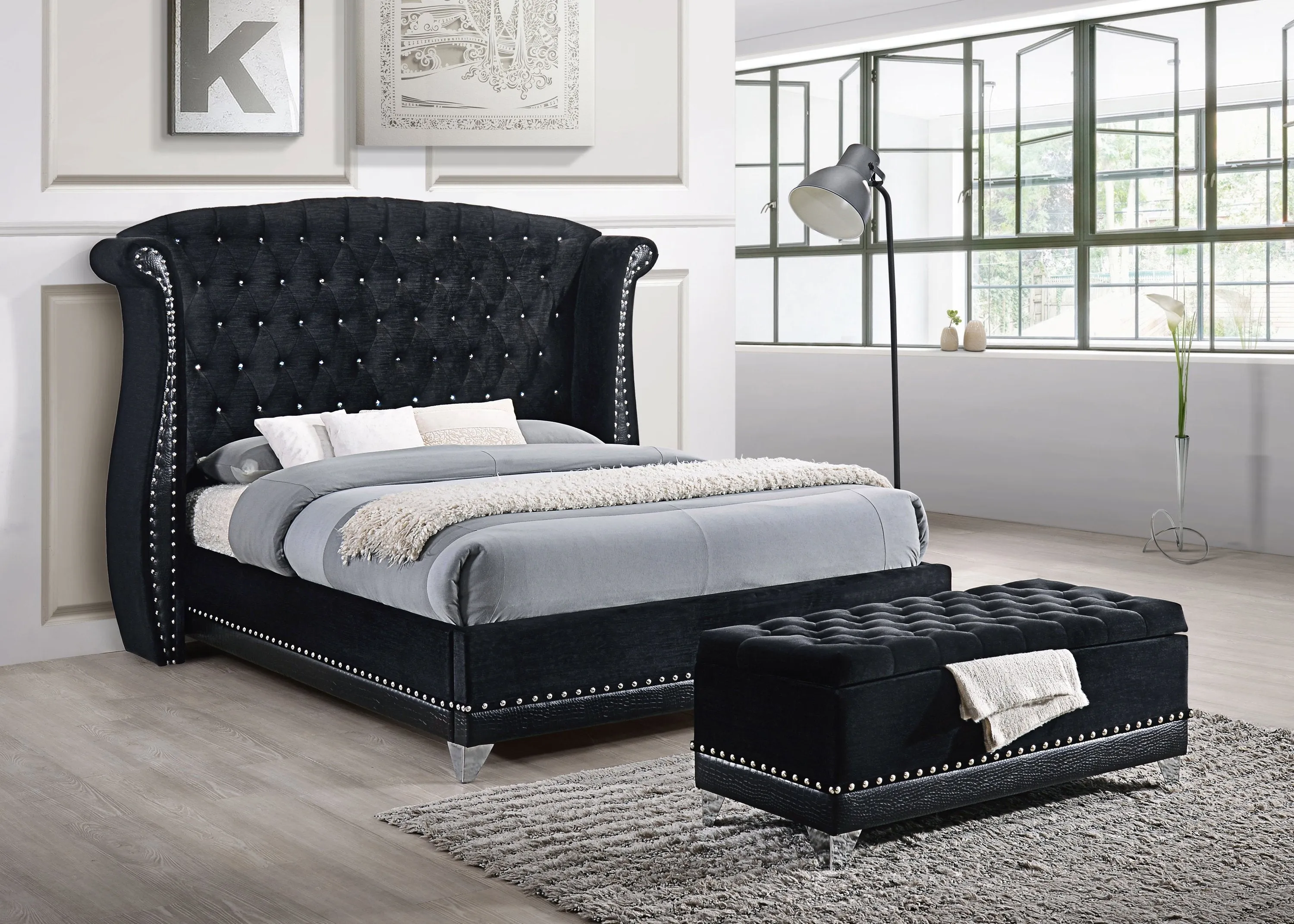 Malkapur Black Velvet Upholstered Queen Bed