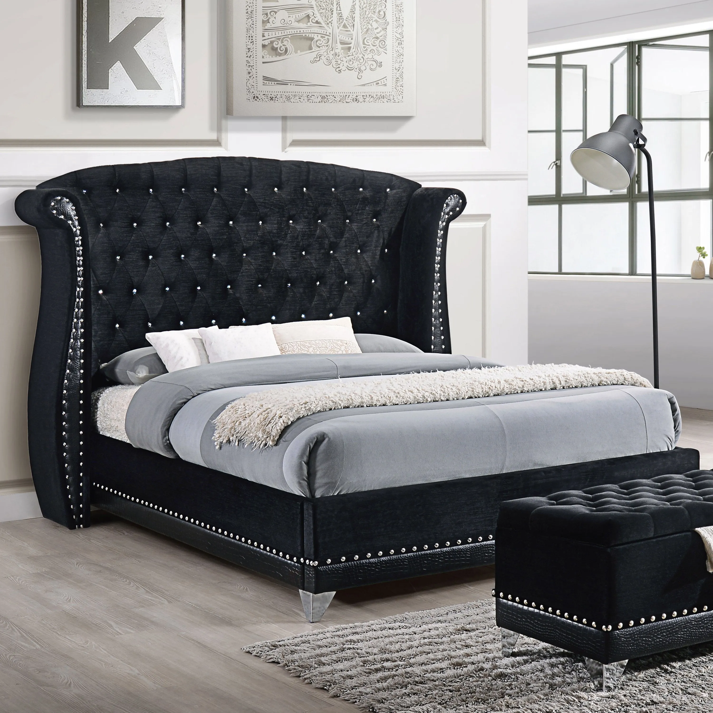 Malkapur Black Velvet Upholstered Queen Bed