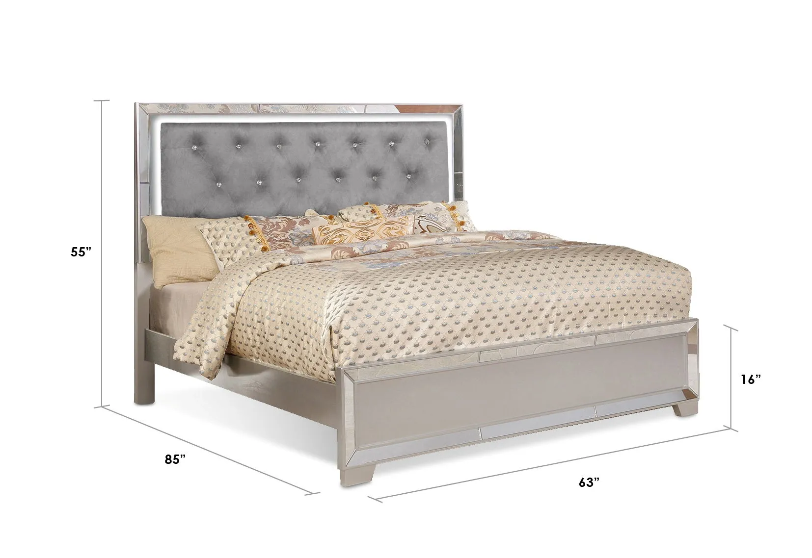 Mangaonwadi Metallic Silver Velvet Queen Bed with LED Lightning