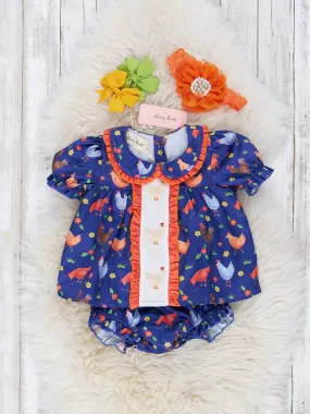 Navy & Orange Embroidered Chicken Ruffle Bloomer Outfit