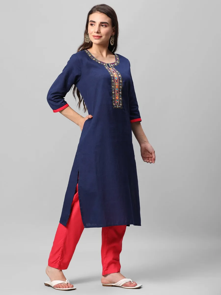 Navy Blue Embroidered Kurta