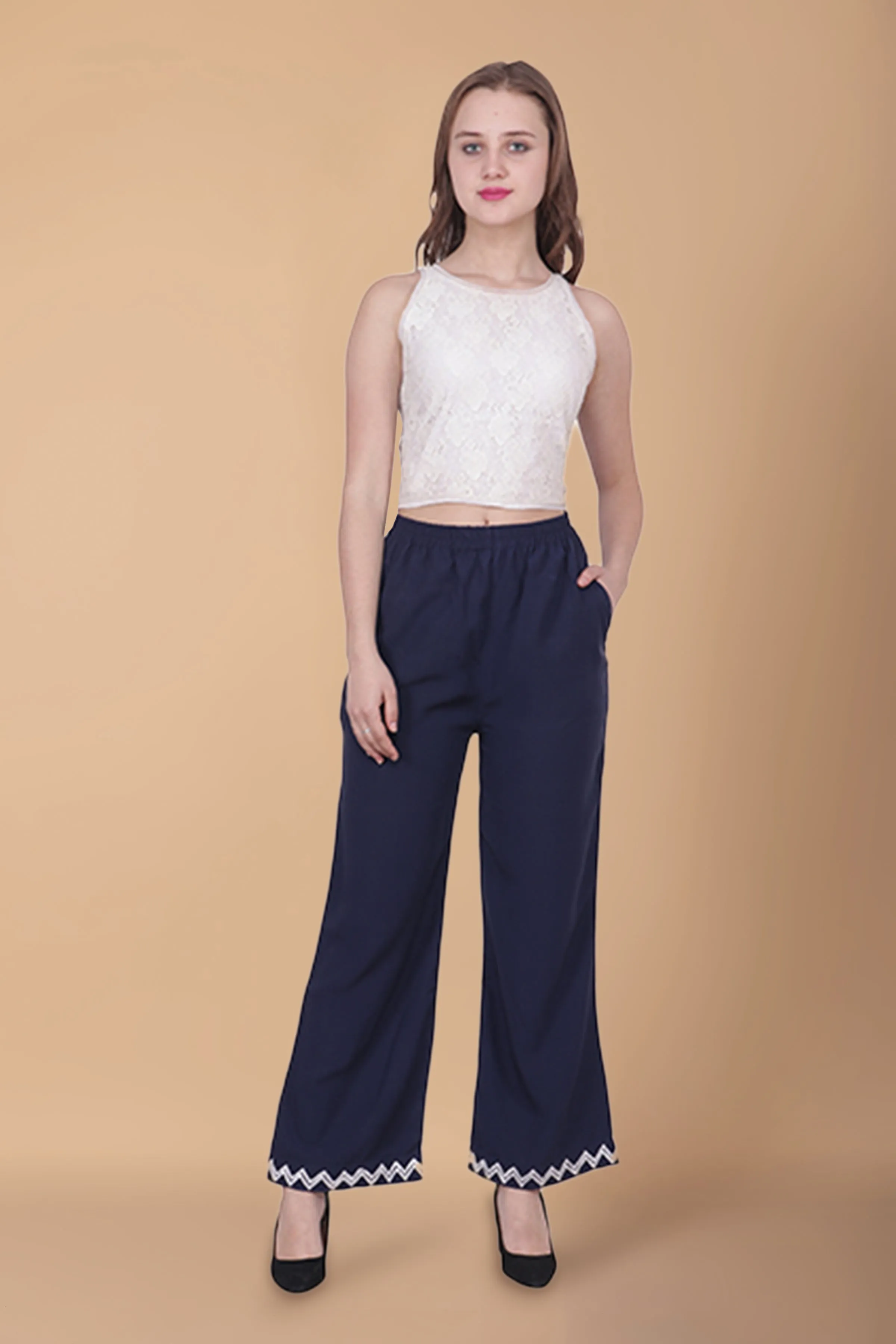 Navy Embellished Cotton Palazzo