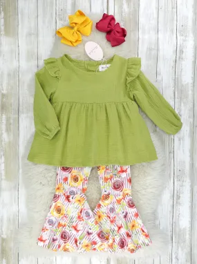 Olive Ruffle Peplum Top & Bright Rose Bell Bottoms