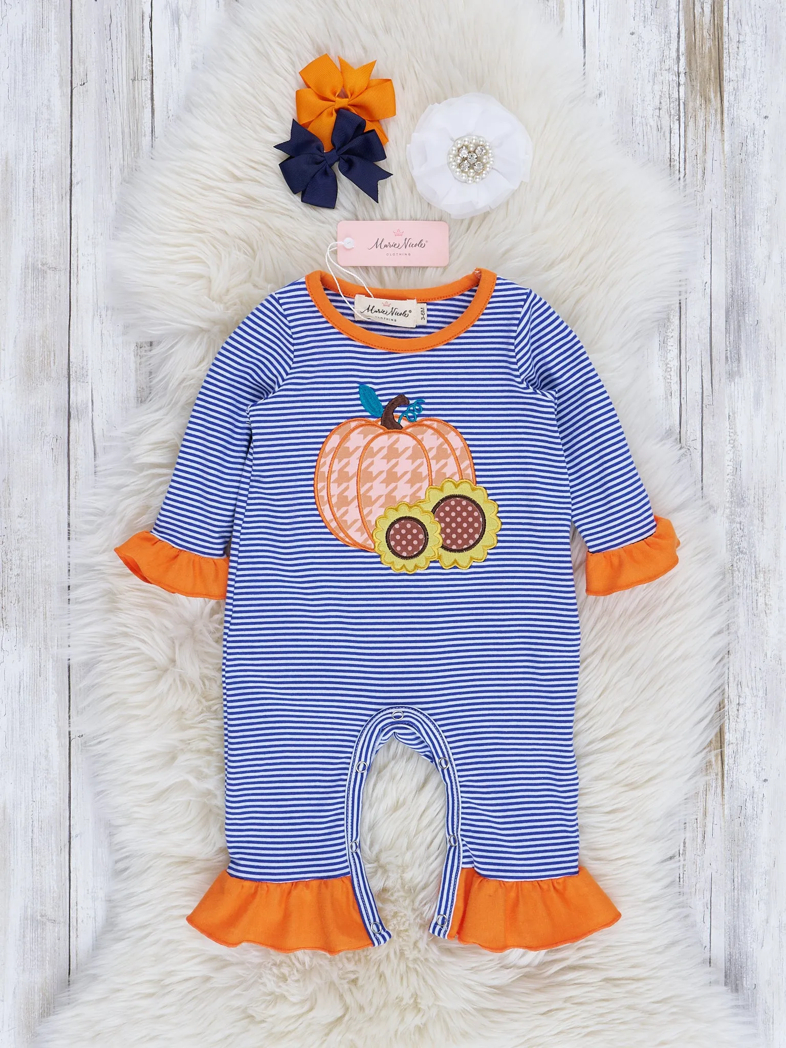 Orange & Navy Stripes Embroidered Pumpkin Ruffle Romper