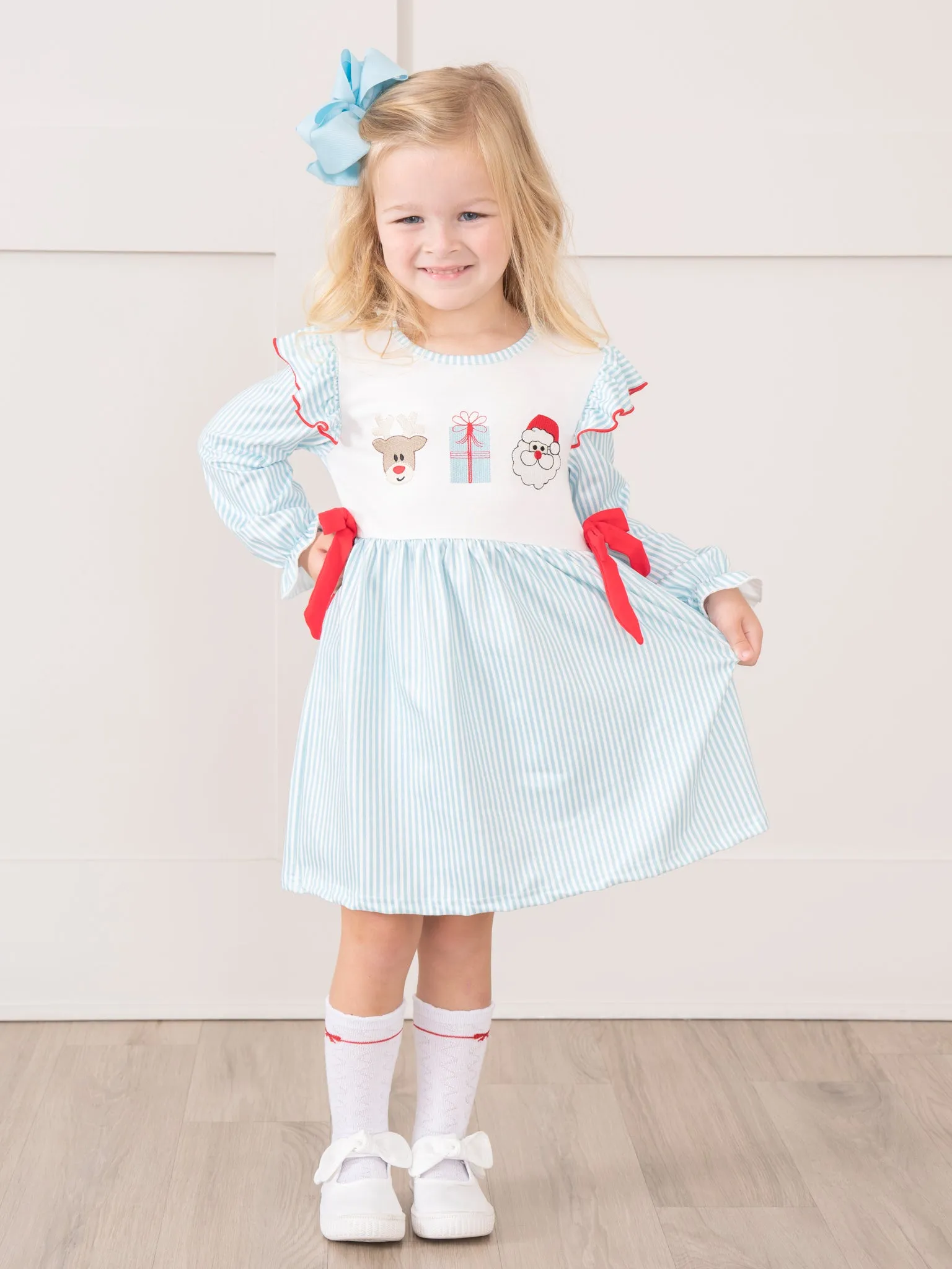 Red & Blue Embroidered Season's Greetings Ruffle Dress