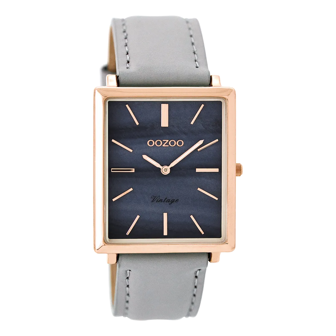 Rose gold coloured  watch with light grey leather strap