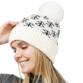 Snowflake Patterned Faux Fur Lining Knit Pom Pom Beanie Hat