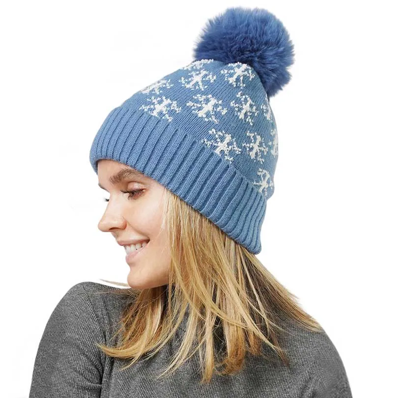 Snowflake Patterned Faux Fur Lining Knit Pom Pom Beanie Hat