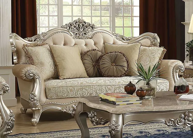 SPECIAL - Champagne Finish Living Room Furniture - Wood Trim Fabric Sofa & Loveseat & Coffee Table Set