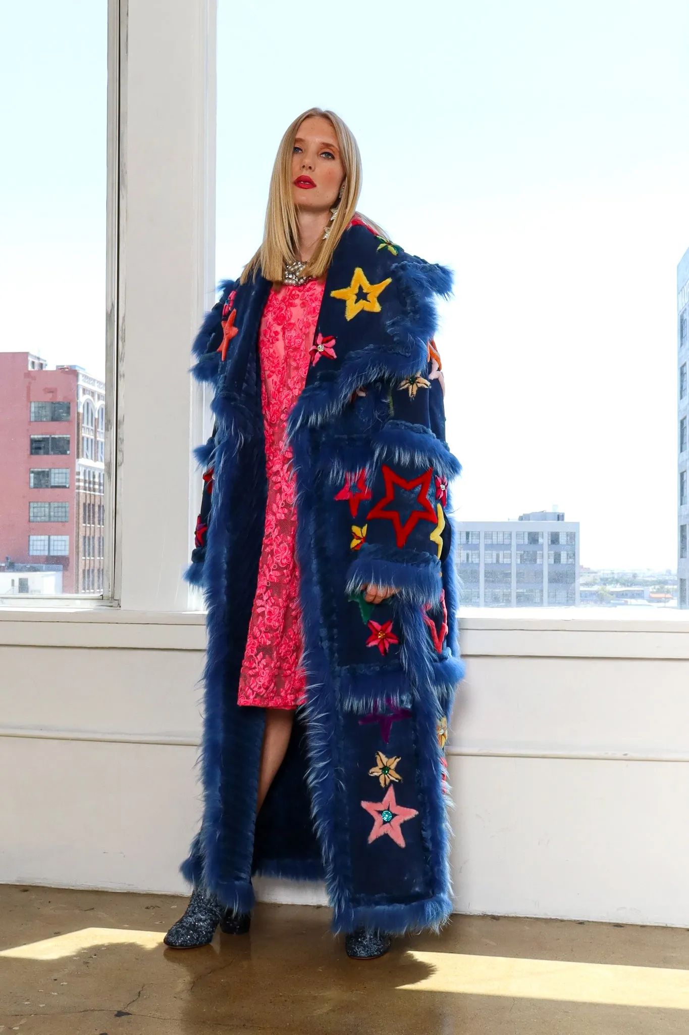 Star Motif Reversible Leather Fur Coat