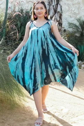 Suzie Blue Abstract Tie Dye Handkerchief Dress, Blue (LS1321BU)