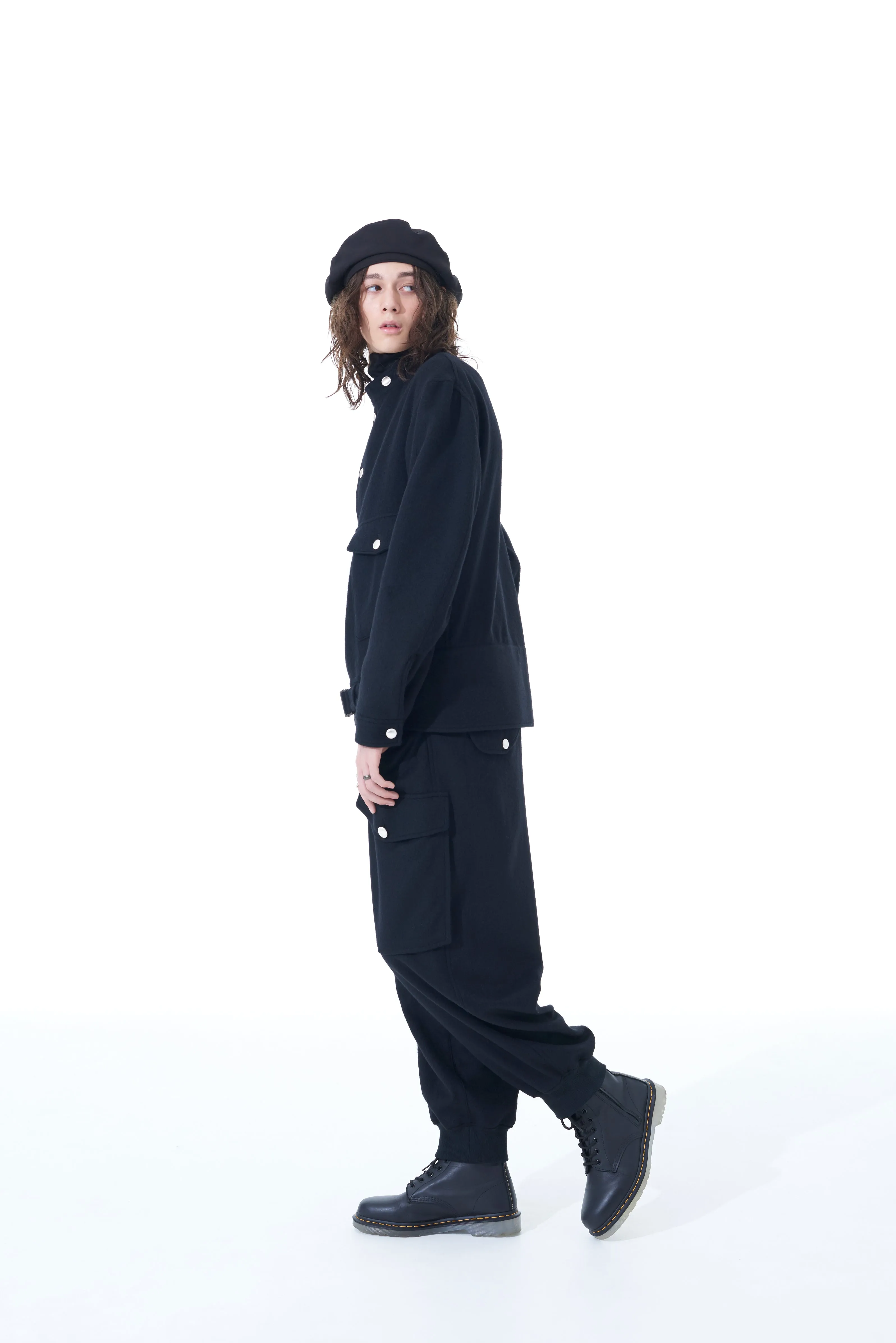 WOOL BEAVER WAIST BUCKLE STAND COLLAR BLOUSON