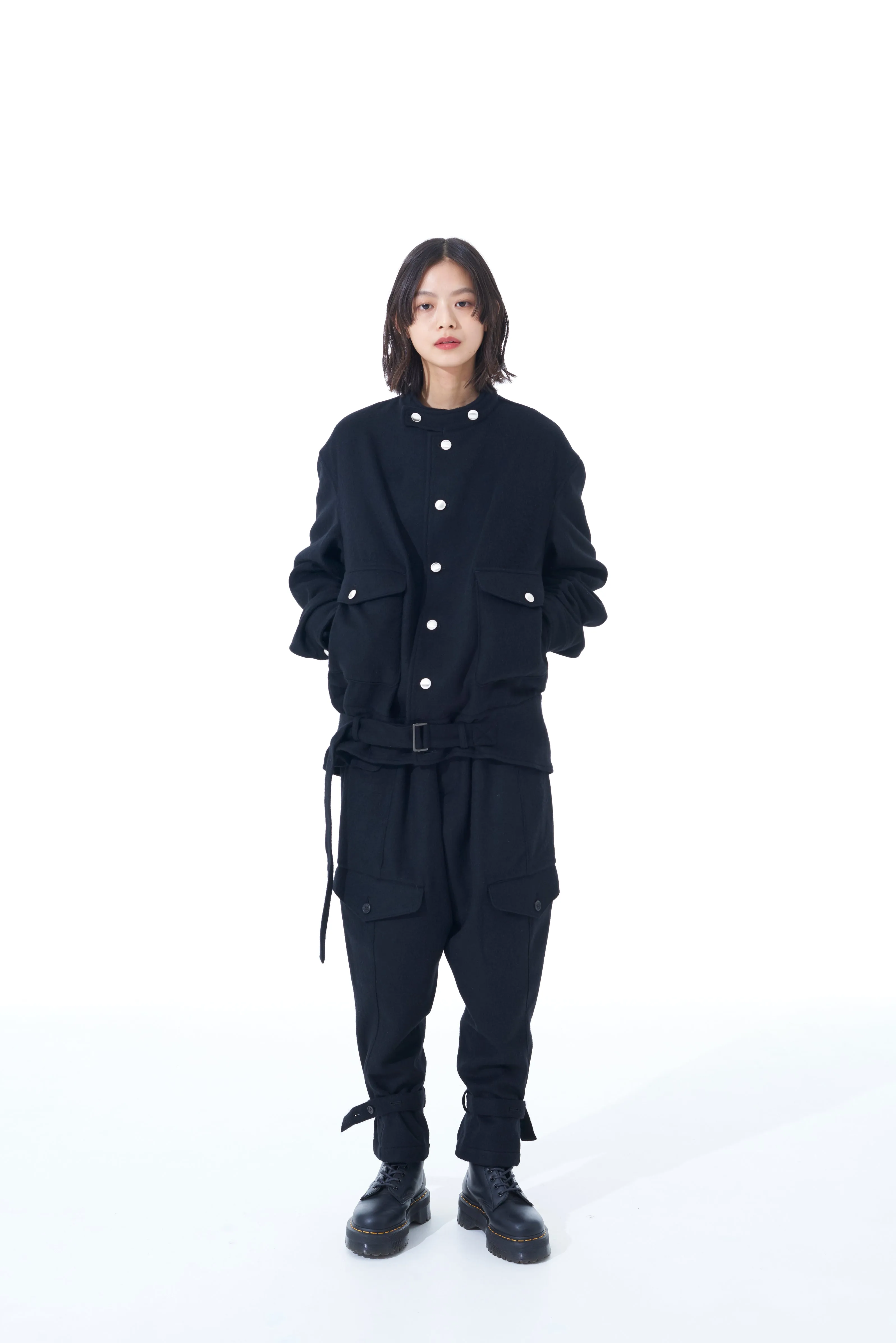 WOOL BEAVER WAIST BUCKLE STAND COLLAR BLOUSON