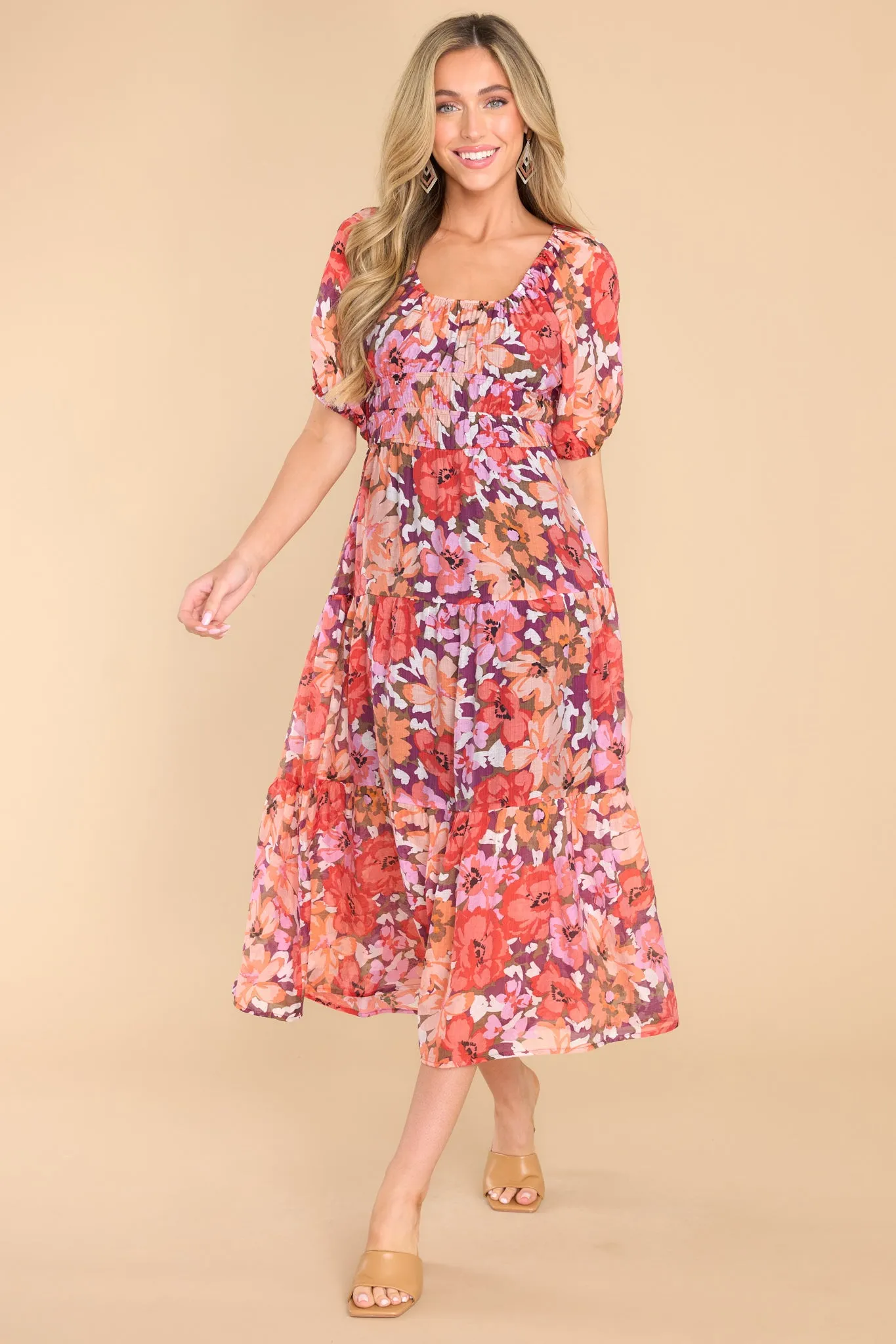 Zanita Bright Floral Print Tiered Midi Dress