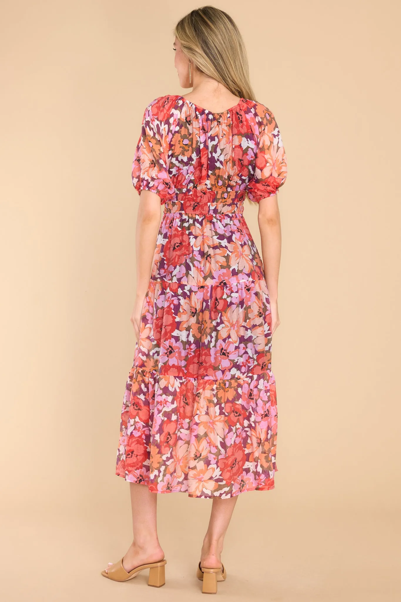 Zanita Bright Floral Print Tiered Midi Dress