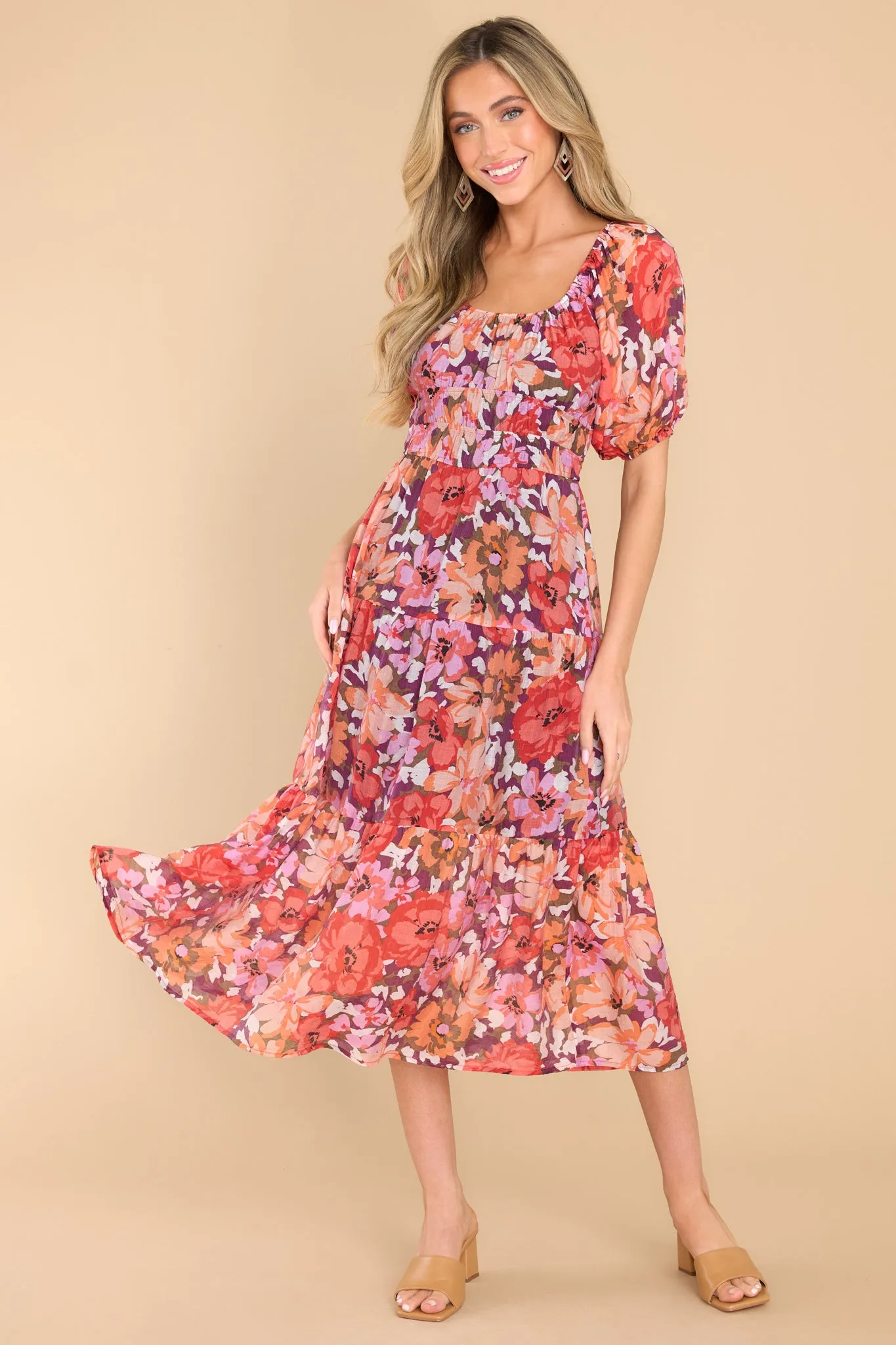 Zanita Bright Floral Print Tiered Midi Dress